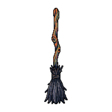 Retro pixel art illustration of a traditional witch's broom, isolated on white background
