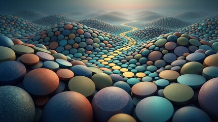 Obraz premium Abstract landscape of colorful spheres and pebbles. Surreal rolling hills of round stones. Vibrant textured path through a mosaic valley.