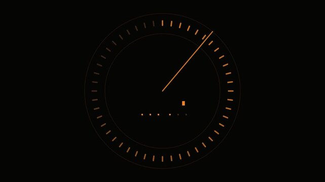 Digital orange speedometer dial loading animation reaching one hundred percent locked state