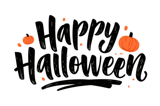 Happy Halloween lettering with pumpkin decorations, hand drawn black typography quote on white background