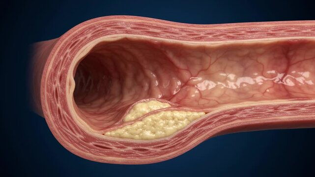 Cholesterol plaque buildup in artery wall, atherosclerosis medical illustration