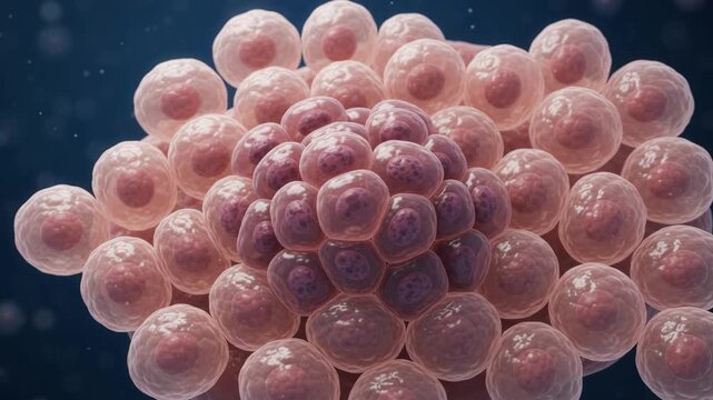 Microscopic view of cancerous cells multiplying and expanding within biological tissue, scientific illustration