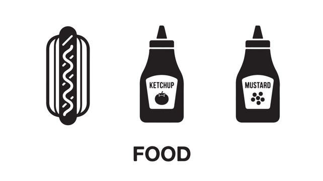 Hot dog with ketchup and mustard bottles set shown as minimalist black icons for modern fast food menu design