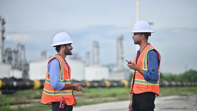 Engineers wearing safety gear, including hard hats examining survey tablet standing industrial facility gas or oil refinery engaged in a job requires high safety standards concept.	
