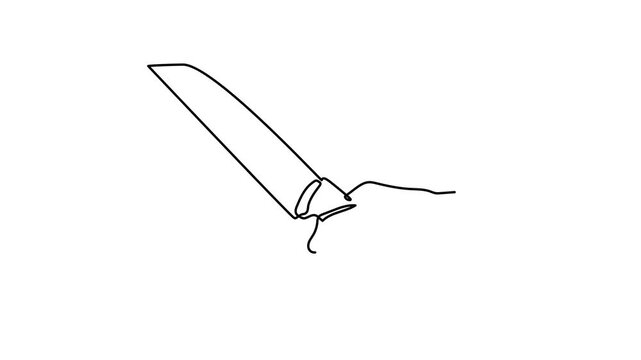 Human hand firmly holding large tactical knife one line art animation, military survival dagger hunting tool, continuous line drawing, dangerous weapon self-defense movie.4k self-drawing video