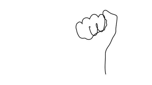 Human hand firmly holding large tactical knife one line art animation, military survival dagger hunting tool, continuous line drawing, dangerous weapon self-defense movie.4k self-drawing video