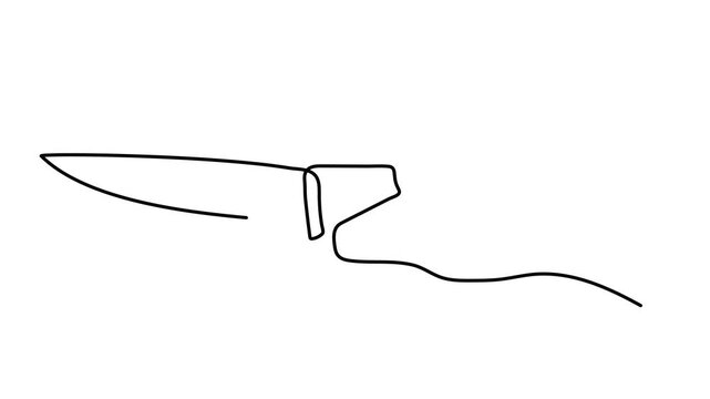 Human hand firmly holding large tactical knife one line art animation, military survival dagger hunting tool, continuous line drawing, dangerous weapon self-defense movie.4k self-drawing video