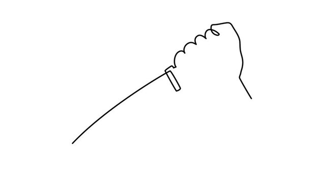Human hand firmly holding large tactical knife one line art animation, military survival dagger hunting tool, continuous line drawing, dangerous weapon self-defense movie.4k self-drawing video
