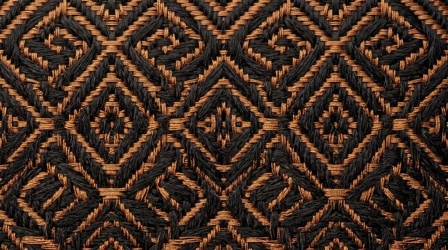 Intricate geometric textile pattern with interwoven threads in striking black and copper tones