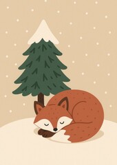 Fototapeta premium Cozy fox under snowy tree.