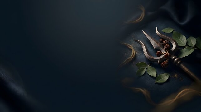 Spiritual Trident Symbol with Beads and Leaves on Dark Background for Festival
