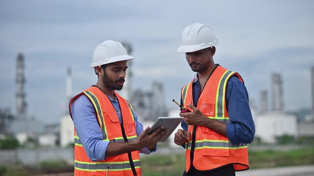 Engineers wearing safety gear, including hard hats examining survey tablet standing industrial facility gas or oil refinery engaged in a job requires high safety standards concept.	