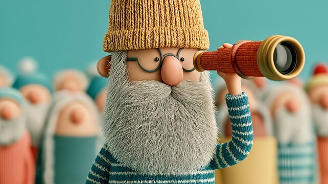 A cartoonish bearded character wearing a knitted hat is looking through a spyglass.