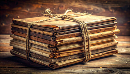 Fototapeta premium Evoking nostalgia and history, a weathered stack of vintage letters and papers is tied with a rustic twine rope on a wooden desk. Nobody is present in this cozy antique archive scene.