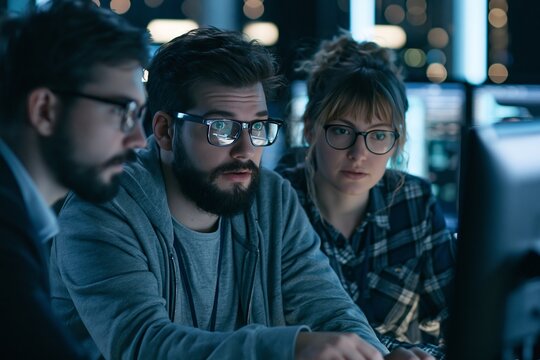 Three software developers collaborating in front of multiple computer monitors at night
