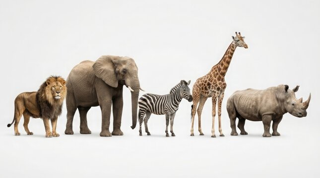 Majestic collection of diverse African safari wildlife including a lion elephant zebra giraffe and rhinoceros standing together in a line studio shot