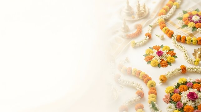 Traditional festival floral decorations and garlands on white background for seasonal harvest celebration