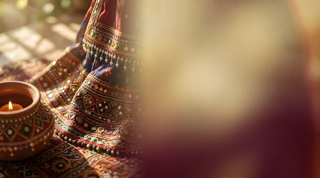 Traditional Indian festival ritual with decorated garment and clay lamp