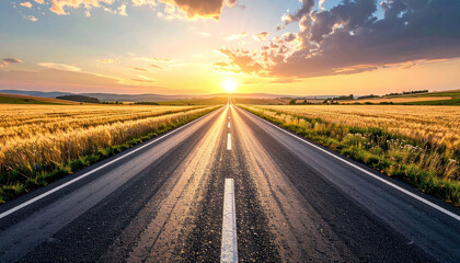 Fototapeta premium A scenic empty road stretches toward a glowing sunset through golden fields, evoking a sense of hope, freedom, and endless journey possibilities. Ideal for travel concepts. Nobody.