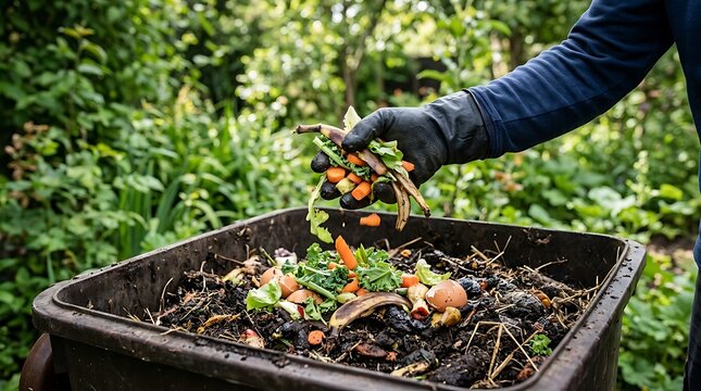 Person wearing gloves putting kitchen vegetable scraps into a black plastic compost bin in a green garden setting