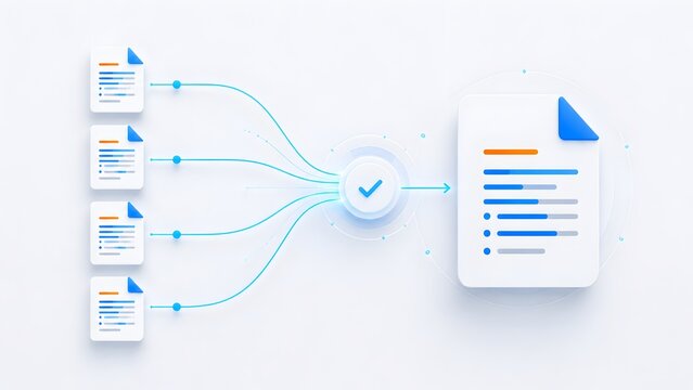 Multiple digital documents converging into a central checkmark approval hub to generate a final verified file representing workflow automation