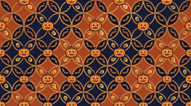 Halloween Seamless Pattern with Jack-o-Lantern Pumpkin Ghost and Bat on Orange Navy Blue Geometric Batik Circle Grid Background