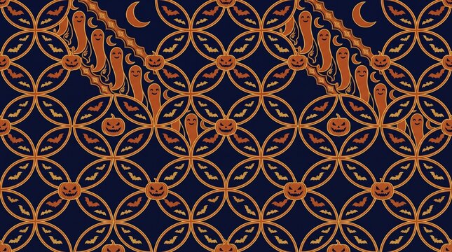 Halloween Batik Seamless Pattern with Orange Ghost Pumpkin Bat and Crescent Moon on Dark Navy Blue Geometric Circle Grid