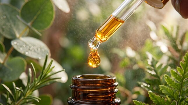 Drop of cosmetic oil falling from glass pipette into brown serum bottle