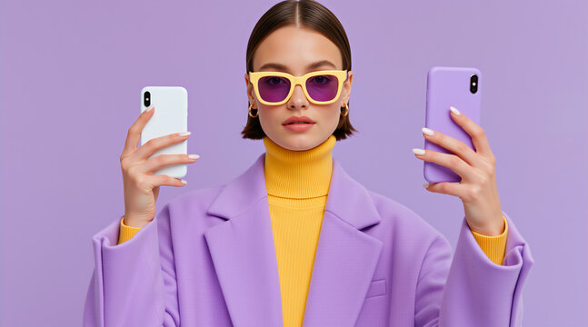 Woman in purple blazer and yellow sunglasses holding two smartphones. Female model with white and purple mobile phones on purple background. Technology and choice concept