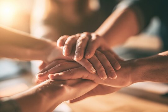 Diverse team stacking hands together in pile symbolizing unity teamwork and partnership