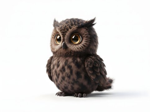 Adorable fluffy owlet with striking golden eyes perched calmly, showcasing intricate feather patterns and youthful innocence in soft light