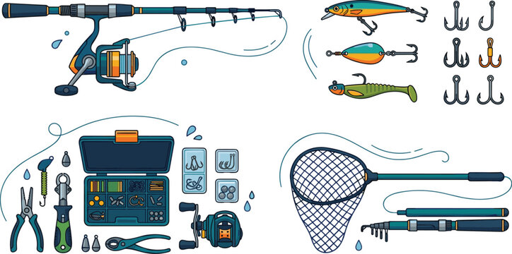 Fishing Equipment and Tackle Gear Vector Illustration Set Featuring Spinning Rod Reel Lures Hooks Landing Net and Organizer Box for Outdoor Sport Fishing Designs