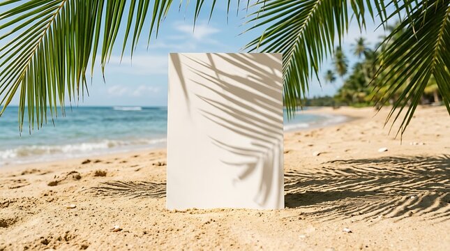 Blank white paper frame standing on sandy beach with palm leaf shadows and tropical ocean view in sunny summer day