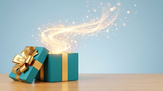 Turquoise gift box with gold ribbon opening to reveal glowing magical sparkles light streams and stars on wooden table isolated on pale blue background.