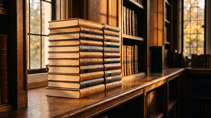 Stack of leather bound law books on wooden desk in golden light © HiveLabStudio