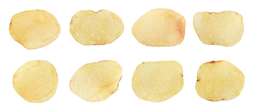 Set of single potato chips isolated on transparent background. Crispy snack elements for food, fast food, junk food, and culinary design projects