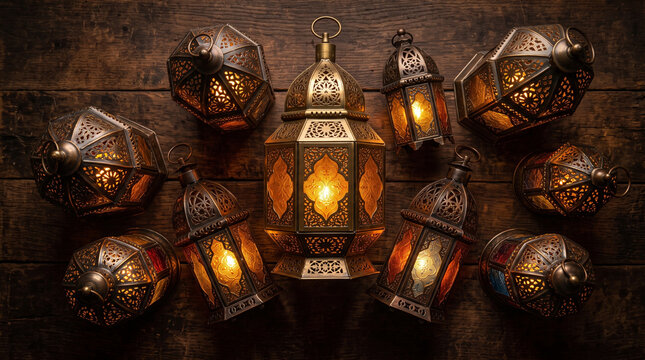 Ornate golden Islamic lanterns glowing on a rustic wooden table