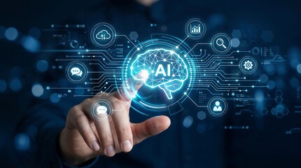 Obraz premium Hand touching digital AI brain interface for futuristic technology and data analysis concept