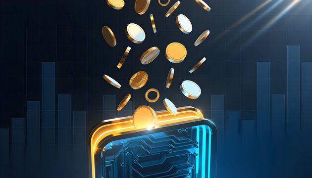 Falling Gold Coins Depositing into Glowing Digital Circuit Wallet