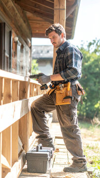 Focused carpenter using a cordless power drill to build a rustic wooden cabin porch outdoors. This evokes a strong sense of dedication, skilled craftsmanship, and professional renovation.