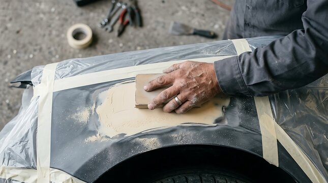 Mechanic smoothing yellow body filler on black vehicle fender with sanding block and protective masking tape inside auto body repair and paint workshop facility.