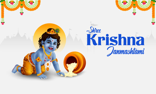 Happy Krishna Janmashtami Horizontal Banner with Baby Krishna and Festive Indian Decorations