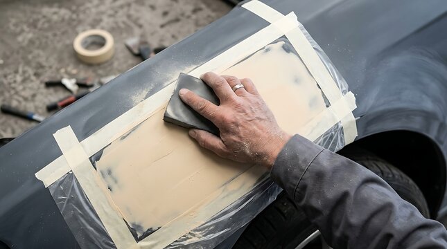 Professional technician hand sanding vehicle body filler patch on gray front fender with block and masking film during automotive paint restoration in workshop.
