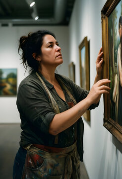 Art restoration and curation, professional conservator examining a painting in a museum gallery to assess condition and historical preservation needs