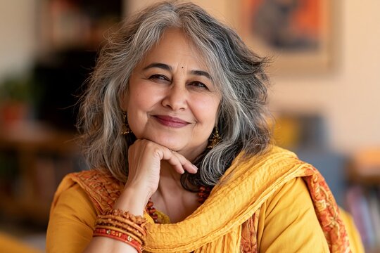 Middle-aged woman with long grey hair smiling warmly with hand on chin in cozy room setting
