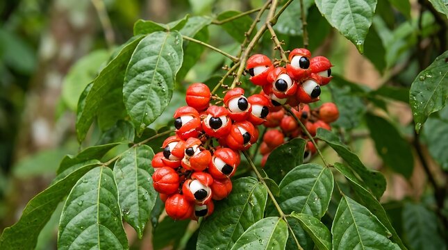 Fresh red guarana berries growing on a green plant in the forest with unique eye like patterns on the ripe fruit
