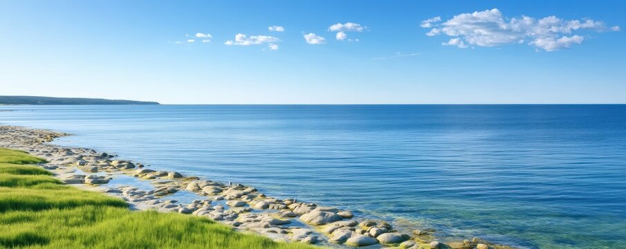 Marine conservation shoreline featuring rocky coast, tidal pools, sea grasses, natural shells, protected nesting areas, monitoring markers, and clear coastal water extending toward the horizon
