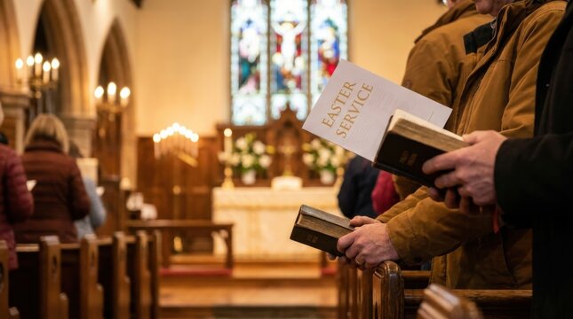 Easter Worship: Church congregation gathering for a traditional Easter service 