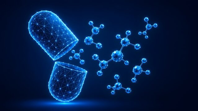Abstract glowing blue wireframe medical capsule with molecular structures representing digital healthcare biotechnology innovation and futuristic medical science.