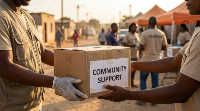 Social Assistance: Volunteer outreach team distributing essential supplies to a local community 